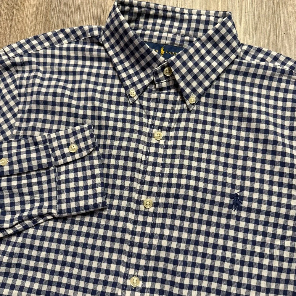 Polo Ralph Lauren Mens Small Gingham Blue Slim Fit Performance Button Shirt